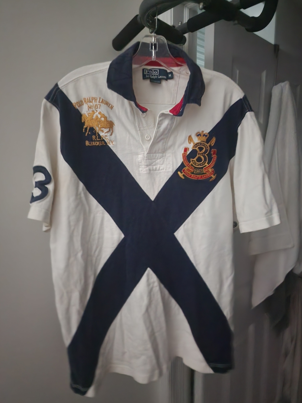 Polo by Ralph Lauren White & Navy Cross-Front Rugby Shirt. M-L